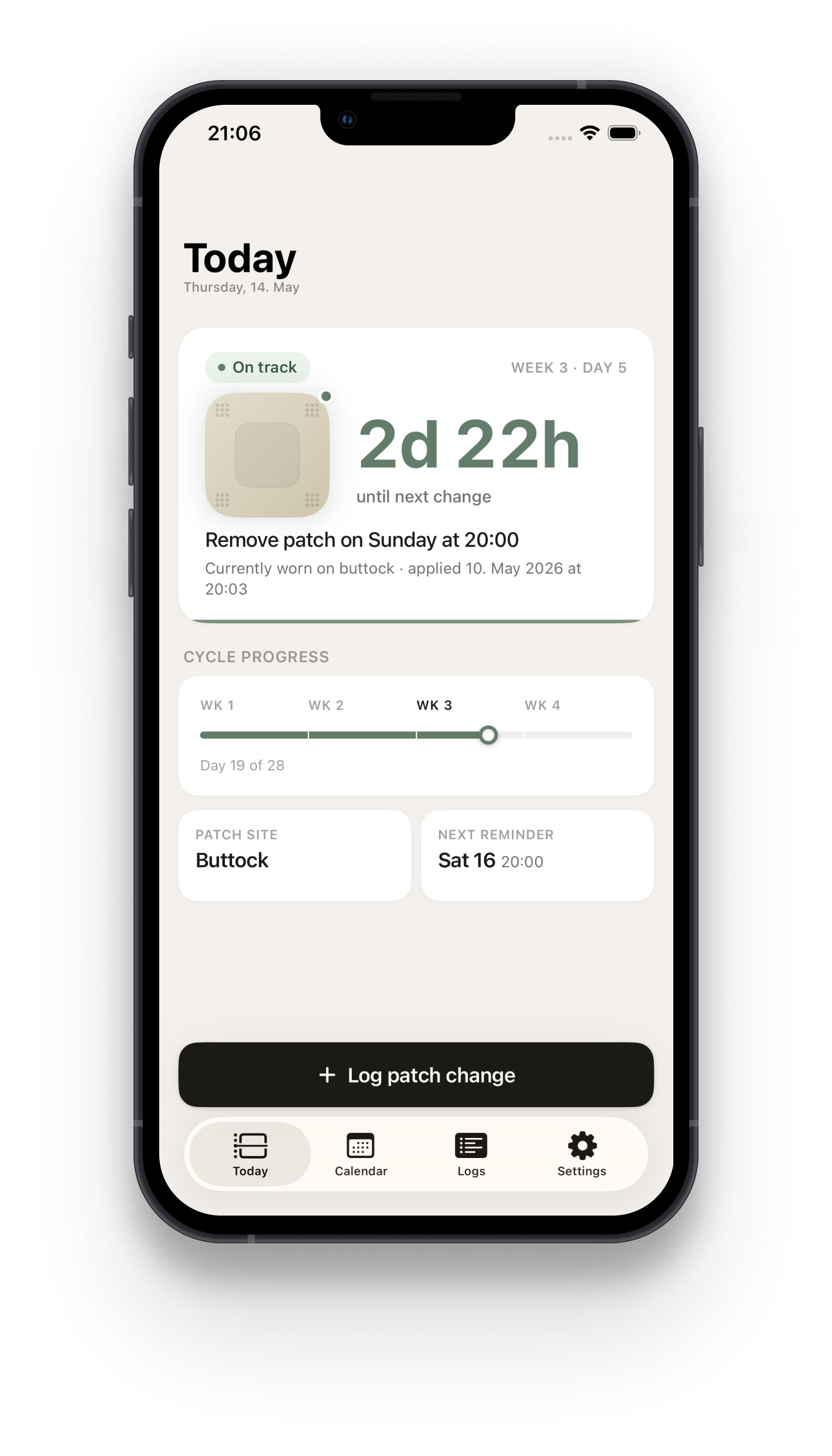 Patch app — On track status showing 2 days 22 hours until next change