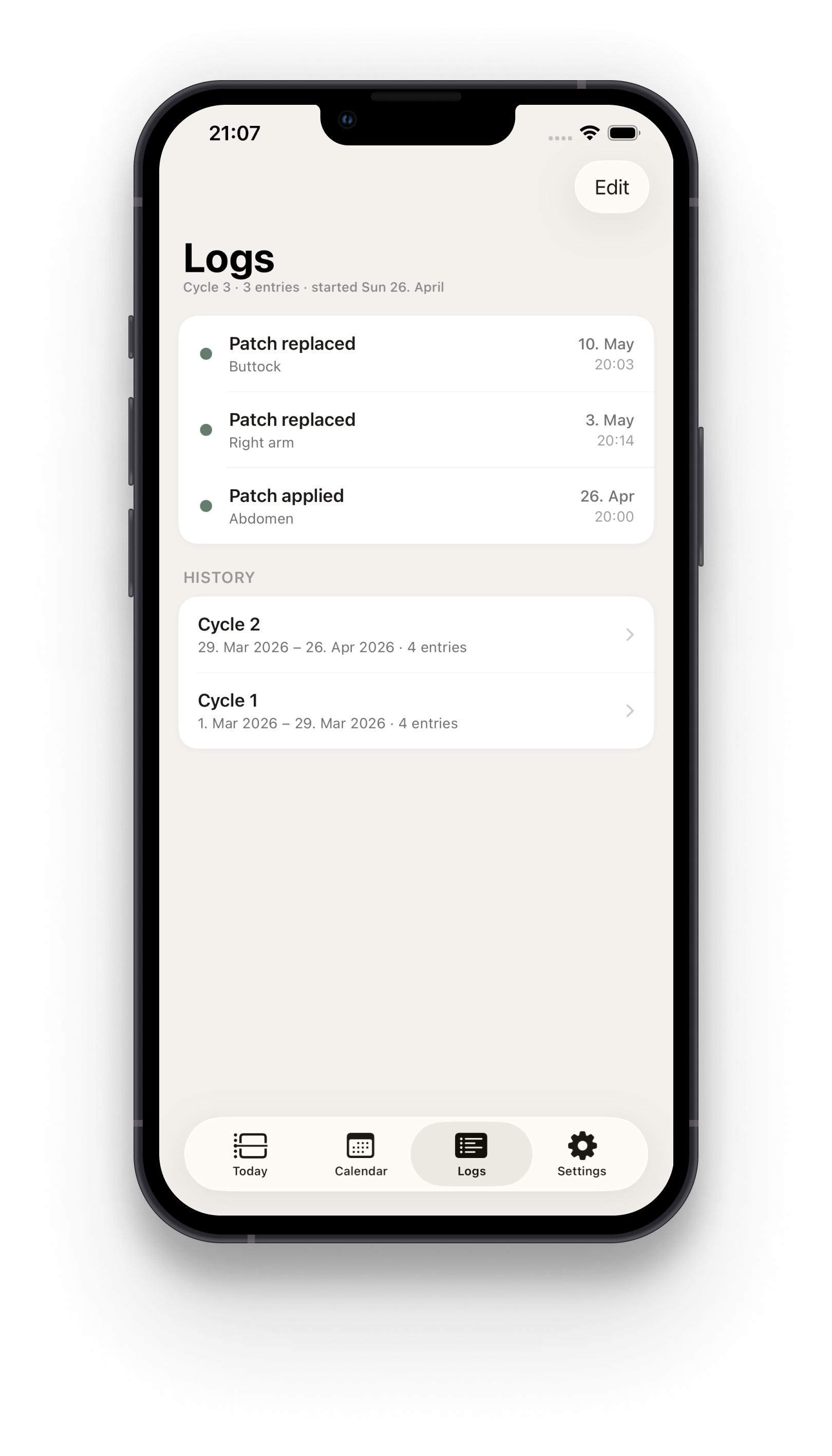 Logs view with full cycle history